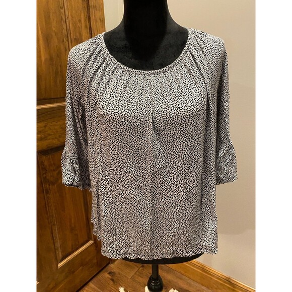 Michael Kors Blouse Size Medium Black White Pattern Top 3/4 Bell Sleeves Casual - Picture 1 of 10
